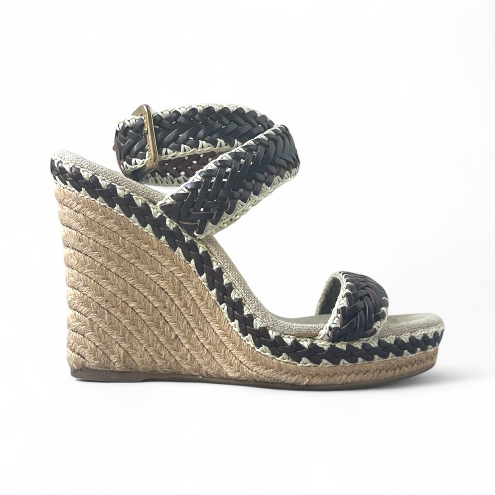 Tory Burch Wedge Sandals Espadrilles Brown Leather Strappy Size 38 / US 7.5.